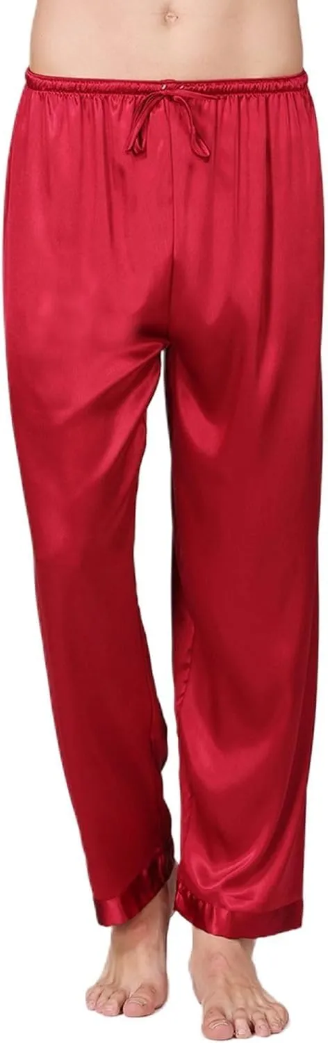 Men's Satin Pajama Pants Long Pj Trousers Lightweight Straight Leg Lounge Loose Summer Elastic Waist Sleepwear