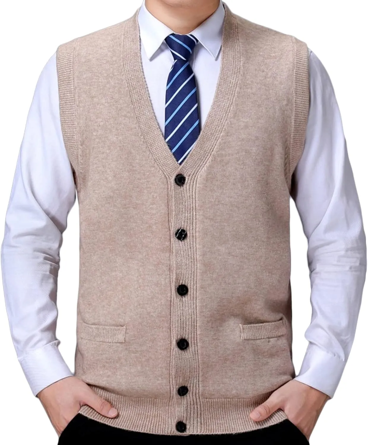 Men's Soft Touch Cardigan Sweater Regular Fit Knitted Top Middle-aged V Neck Buttons Casual Sweater Coat (Beige 3,3X-Large)