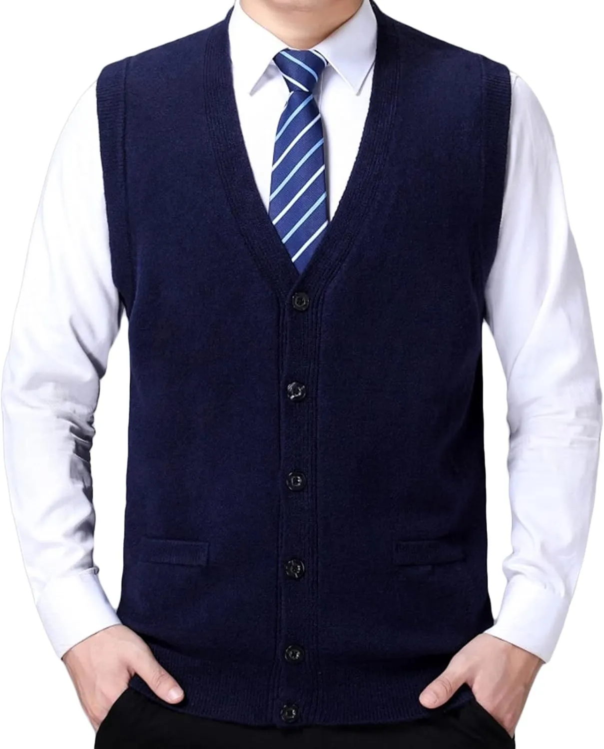 Men's Soft Touch Cardigan Sweater Regular Fit Knitted Top Middle-Aged V Neck Buttons Casual Sweater Coat (Navy Blue 2,3X-Large)