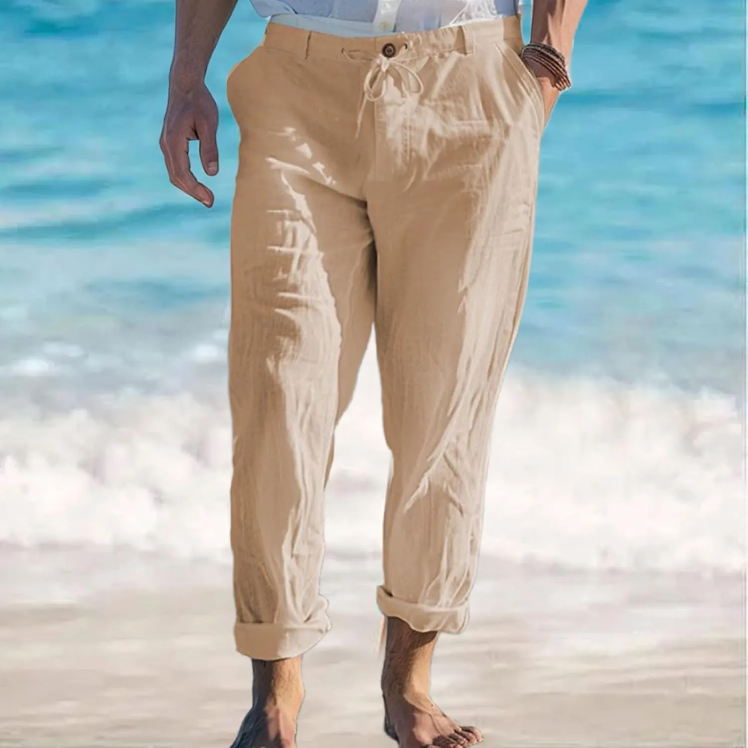 Mens Straight-Legs Linen Pants Casual Loose Fit Elastic Drawstring Waist Pants Summer Baggy Trousers with Pockets