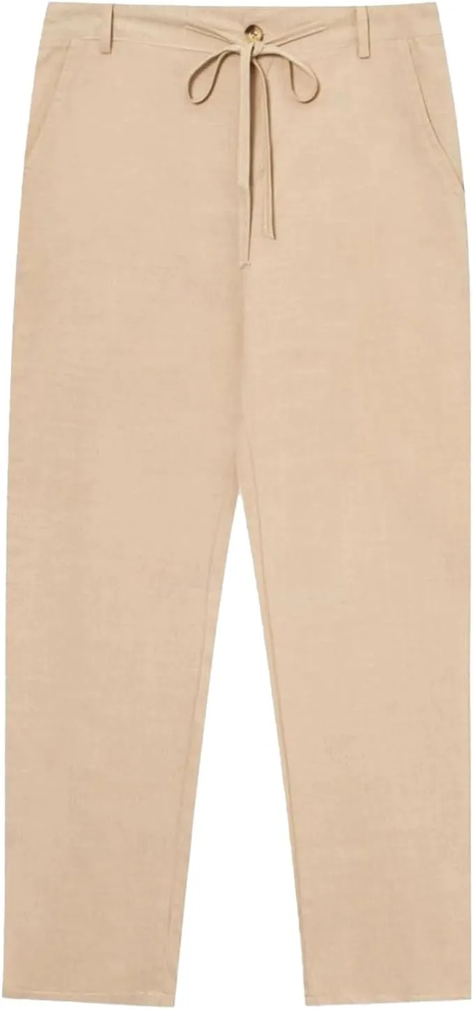 Mens Straight-Legs Linen Pants Casual Loose Fit Elastic Drawstring Waist Pants Summer Baggy Trousers with Pockets