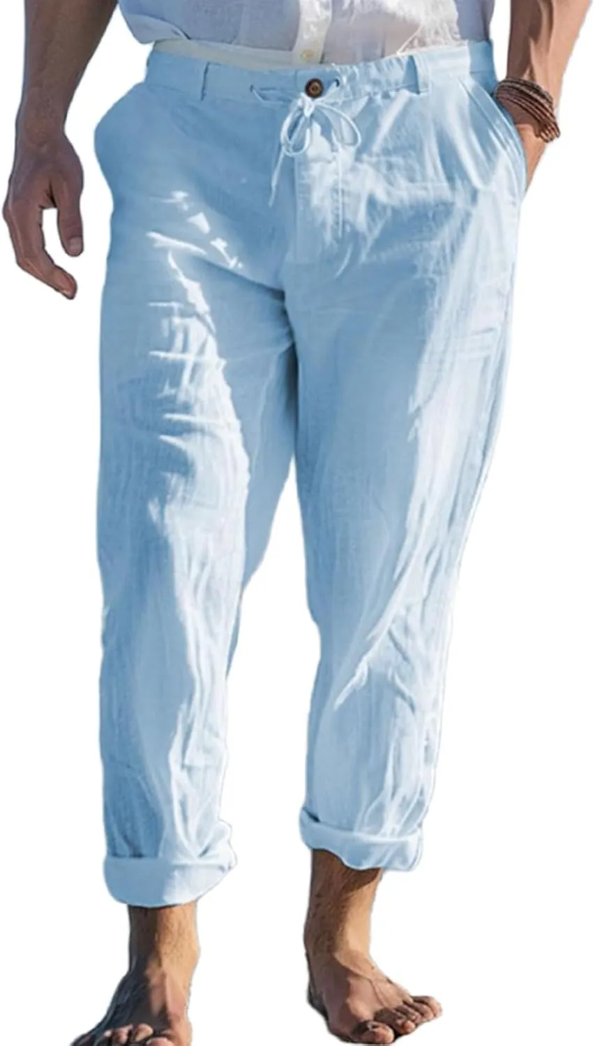 Mens Straight-Legs Linen Pants Casual Loose Fit Elastic Drawstring Waist Pants Summer Baggy Trousers with Pockets