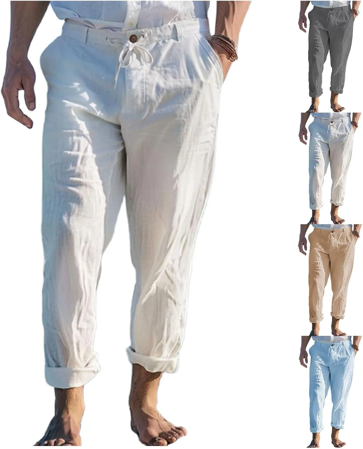 Mens Straight-Legs Linen Pants Casual Loose Fit Elastic Drawstring Waist Pants Summer Baggy Trousers with Pockets
