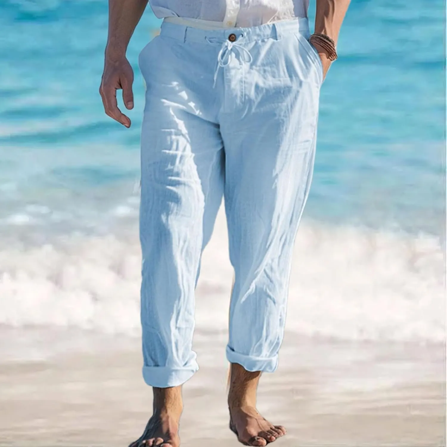Mens Straight-Legs Linen Pants Casual Loose Fit Elastic Drawstring Waist Pants Summer Baggy Trousers with Pockets