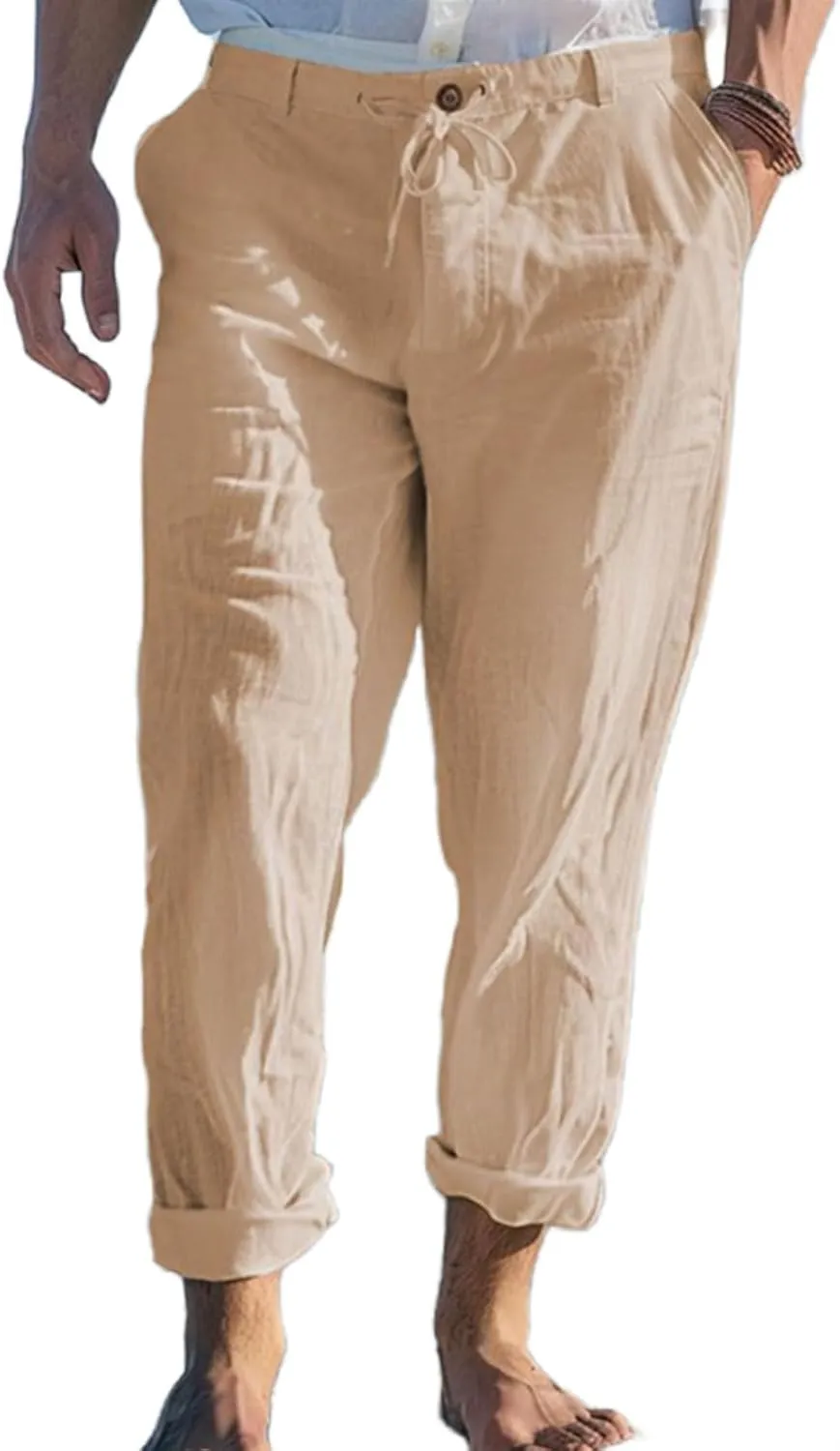 Mens Straight-Legs Linen Pants Casual Loose Fit Elastic Drawstring Waist Pants Summer Baggy Trousers with Pockets