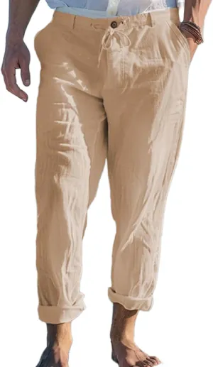 Mens Straight-Legs Linen Pants Casual Loose Fit Elastic Drawstring Waist Pants Summer Baggy Trousers with Pockets