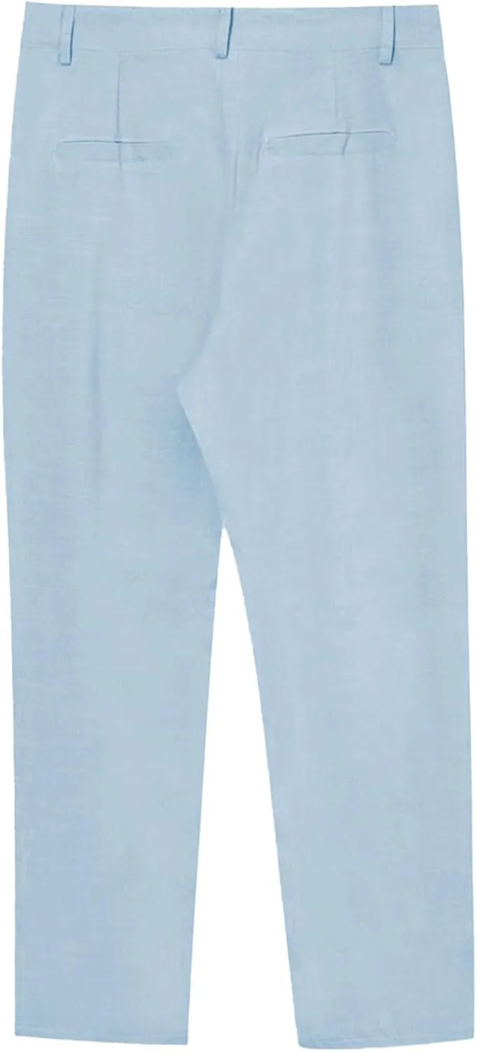 Mens Straight-Legs Linen Pants Casual Loose Fit Elastic Drawstring Waist Pants Summer Baggy Trousers with Pockets