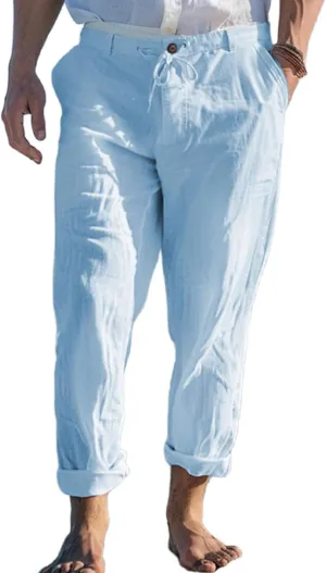 Mens Straight-Legs Linen Pants Casual Loose Fit Elastic Drawstring Waist Pants Summer Baggy Trousers with Pockets