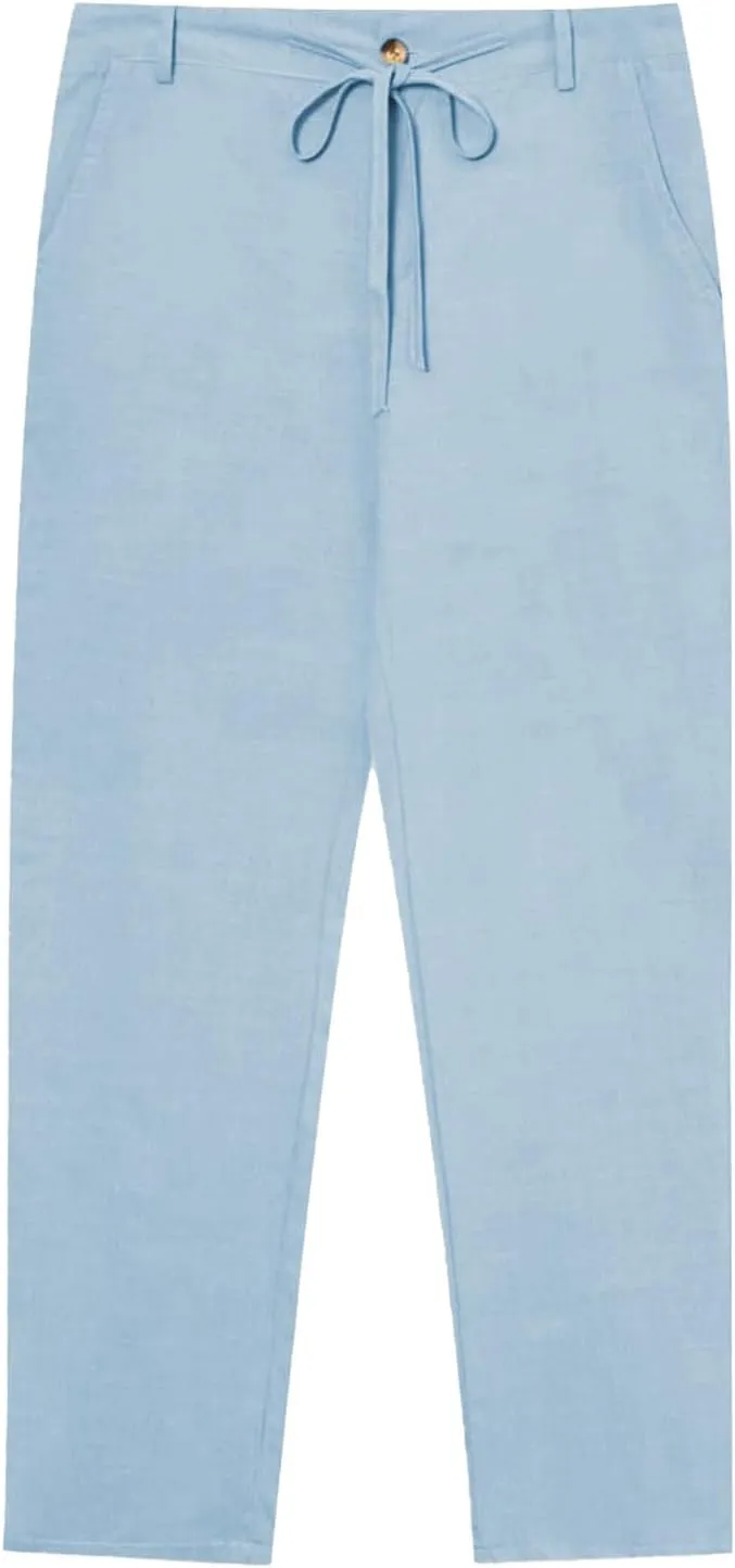 Mens Straight-Legs Linen Pants Casual Loose Fit Elastic Drawstring Waist Pants Summer Baggy Trousers with Pockets