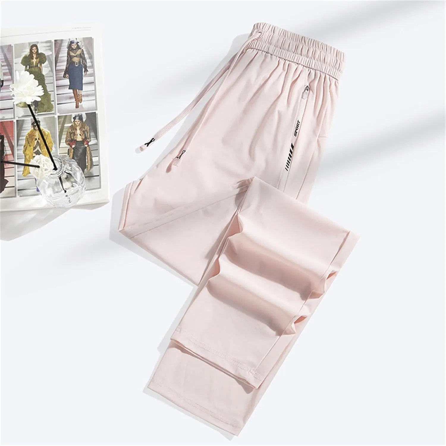 Men's Summer Pants Sweatpants Elastic Waist Drawstring Zipper Slim Leg Breathable Loose Sport Clothes Fresh Trousers