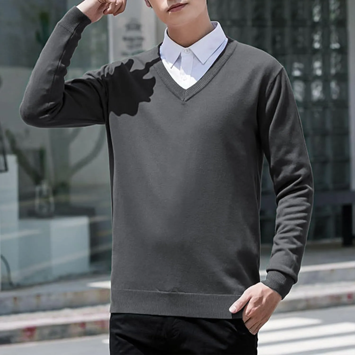 Men's Wool Blend V-Neck Sweater Relaxed Fit Thin Knit Soft Touch Long Sleeve Pullover Fashion Fall Winter Base Shirt
