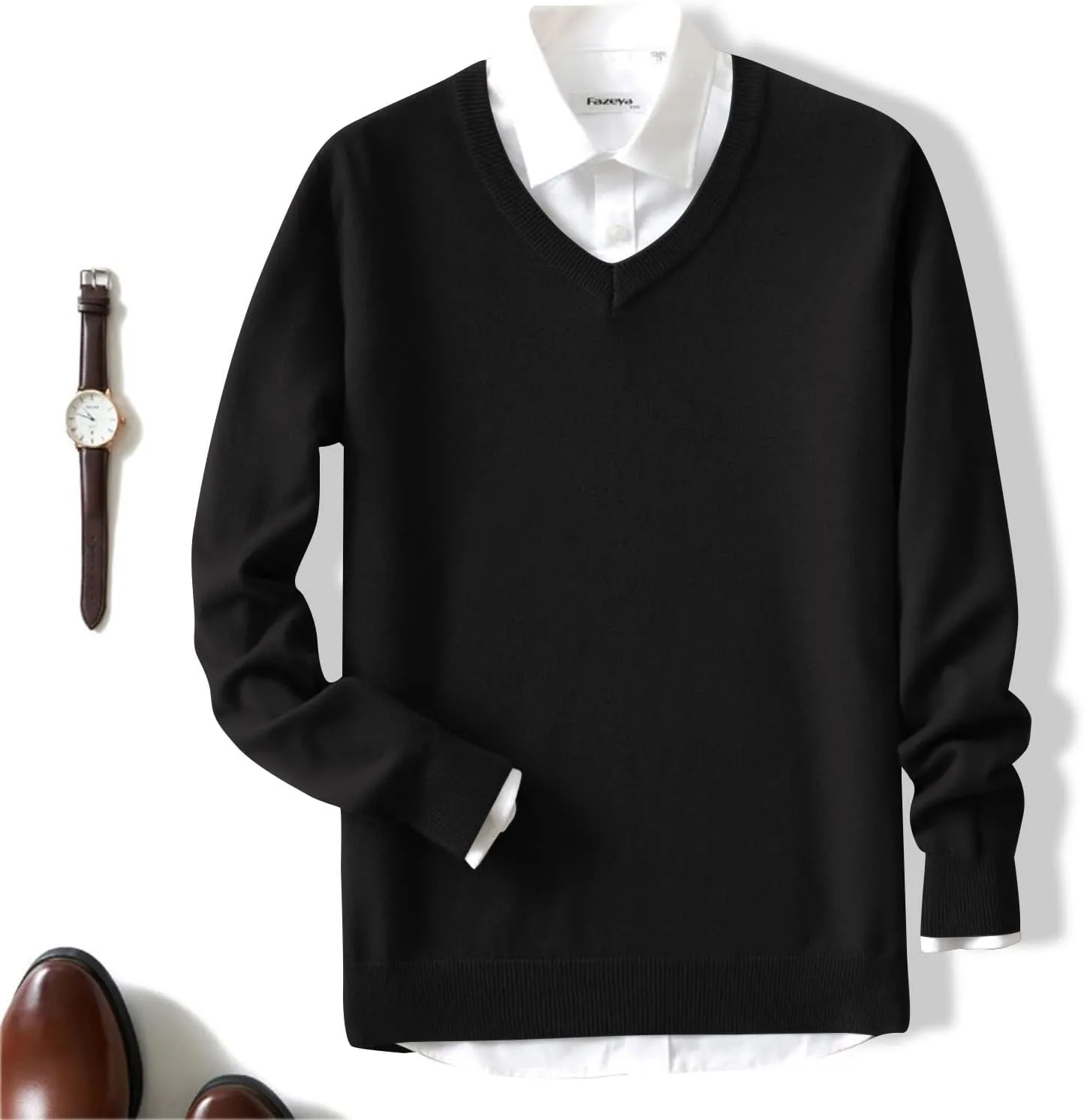 Men's Wool Blend V-Neck Sweater Relaxed Fit Thin Knit Soft Touch Long Sleeve Pullover Fashion Fall Winter Base Shirt