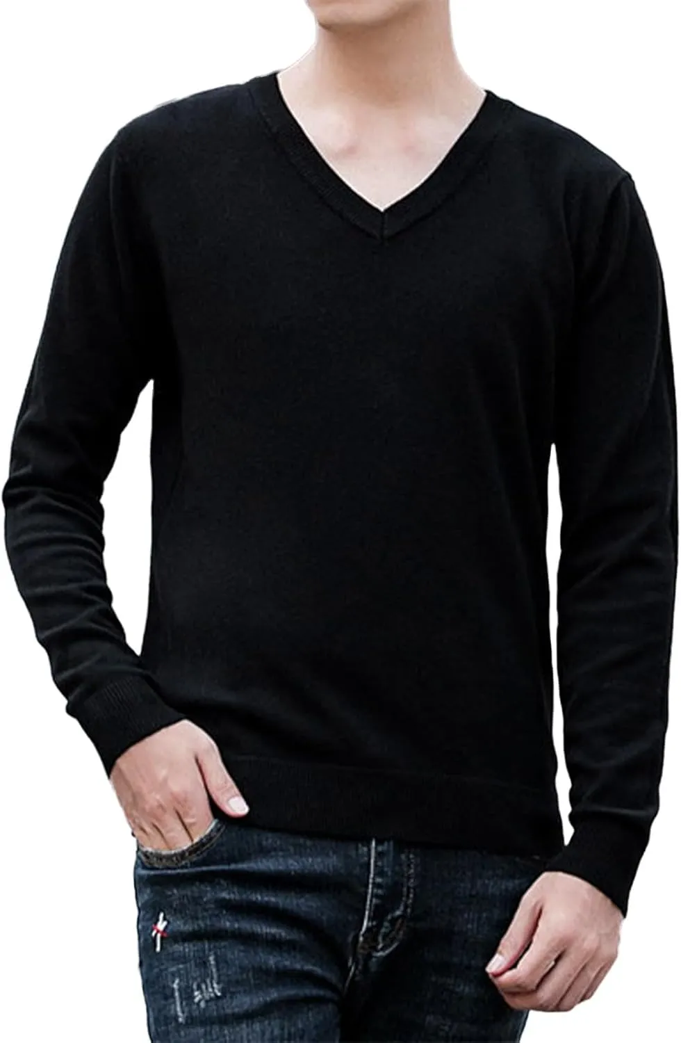 Men's Wool Blend V-Neck Sweater Relaxed Fit Thin Knit Soft Touch Long Sleeve Pullover Fashion Fall Winter Base Shirt