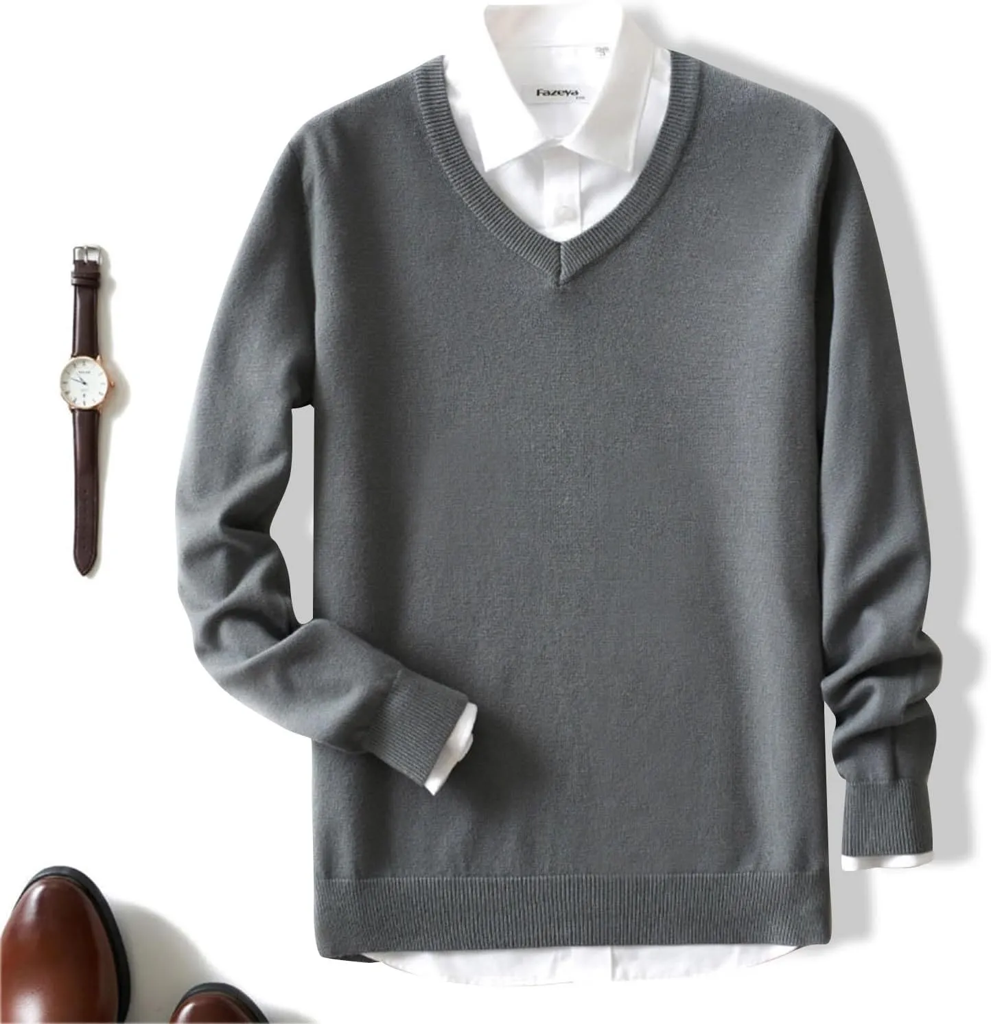 Men's Wool Blend V-Neck Sweater Relaxed Fit Thin Knit Soft Touch Long Sleeve Pullover Fashion Fall Winter Base Shirt