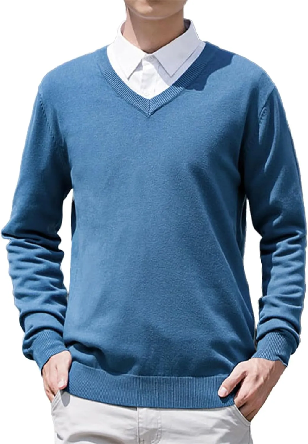 Men's Wool Blend V-Neck Sweater Relaxed Fit Thin Knit Soft Touch Long Sleeve Pullover Fashion Fall Winter Base Shirt