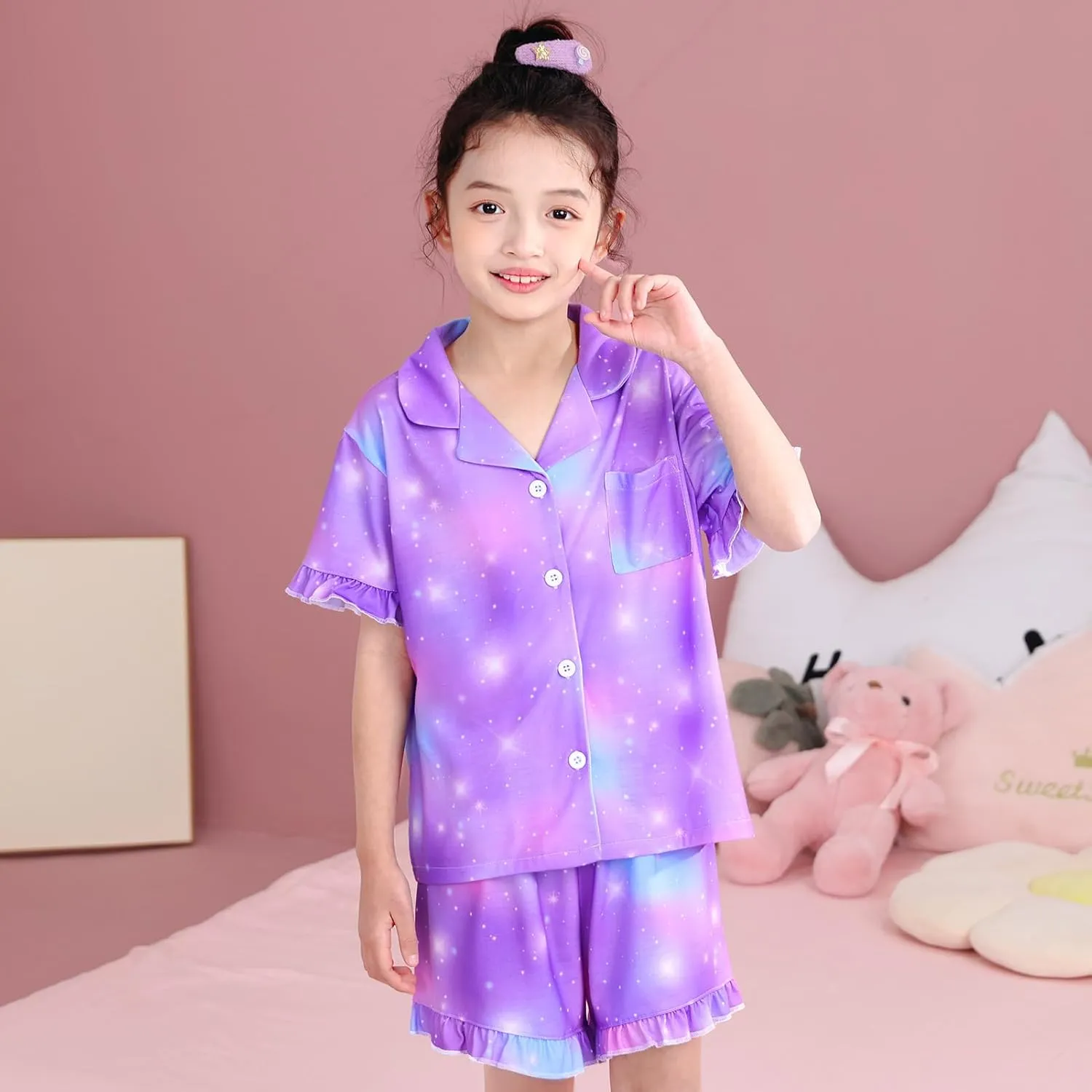 MHJY Girls Button Down Pajamas Sets, Short Sleeve Sleepwear with Shorts for Kids, Summer Pjs