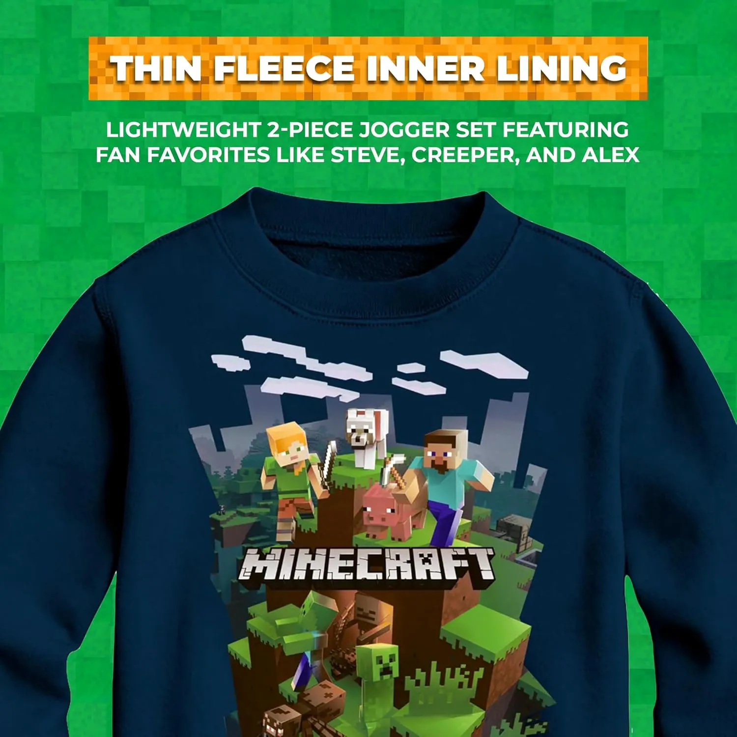 Minecraft Boys' 2-Piece Jogger Set – Lightweight Long Sleeve Sweatshirt & Pants Outfit