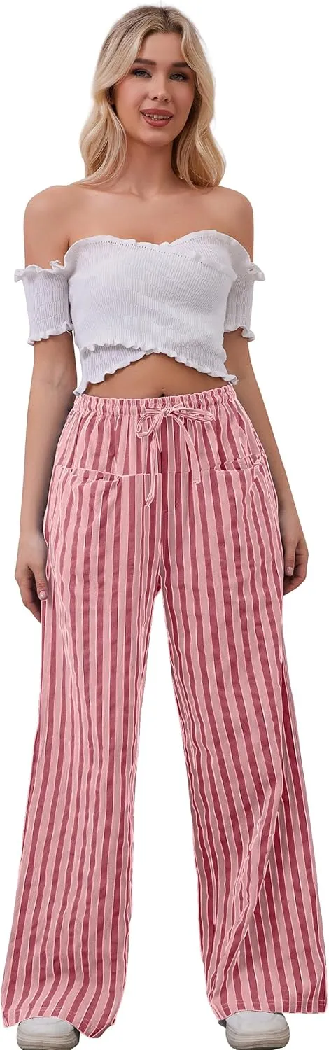 MISSACTIVER Women Drawstring Striped Pants Loose Wide Leg Trousers Casual Low Waist Pants Comfy Lounge Pants with Pockets