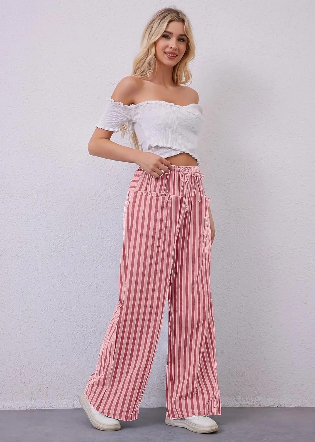 MISSACTIVER Women Drawstring Striped Pants Loose Wide Leg Trousers Casual Low Waist Pants Comfy Lounge Pants with Pockets
