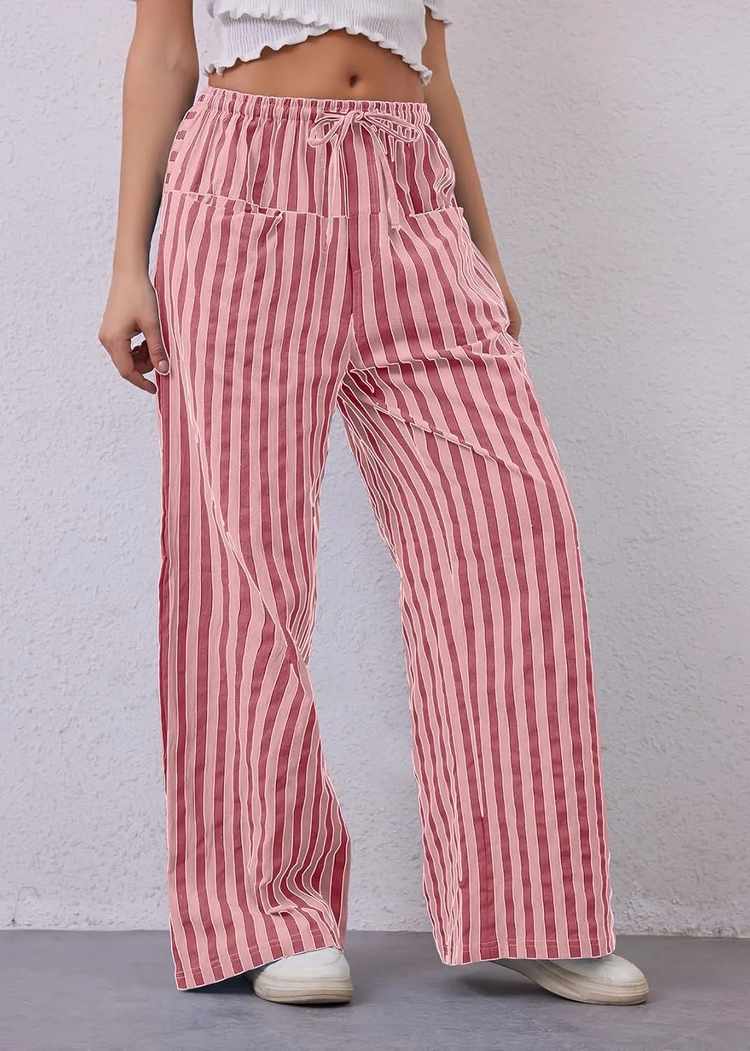 MISSACTIVER Women Drawstring Striped Pants Loose Wide Leg Trousers Casual Low Waist Pants Comfy Lounge Pants with Pockets
