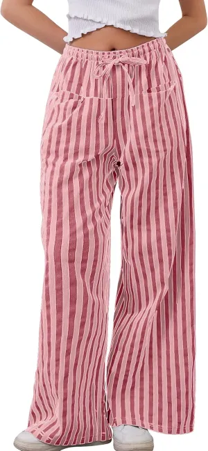 MISSACTIVER Women Drawstring Striped Pants Loose Wide Leg Trousers Casual Low Waist Pants Comfy Lounge Pants with Pockets