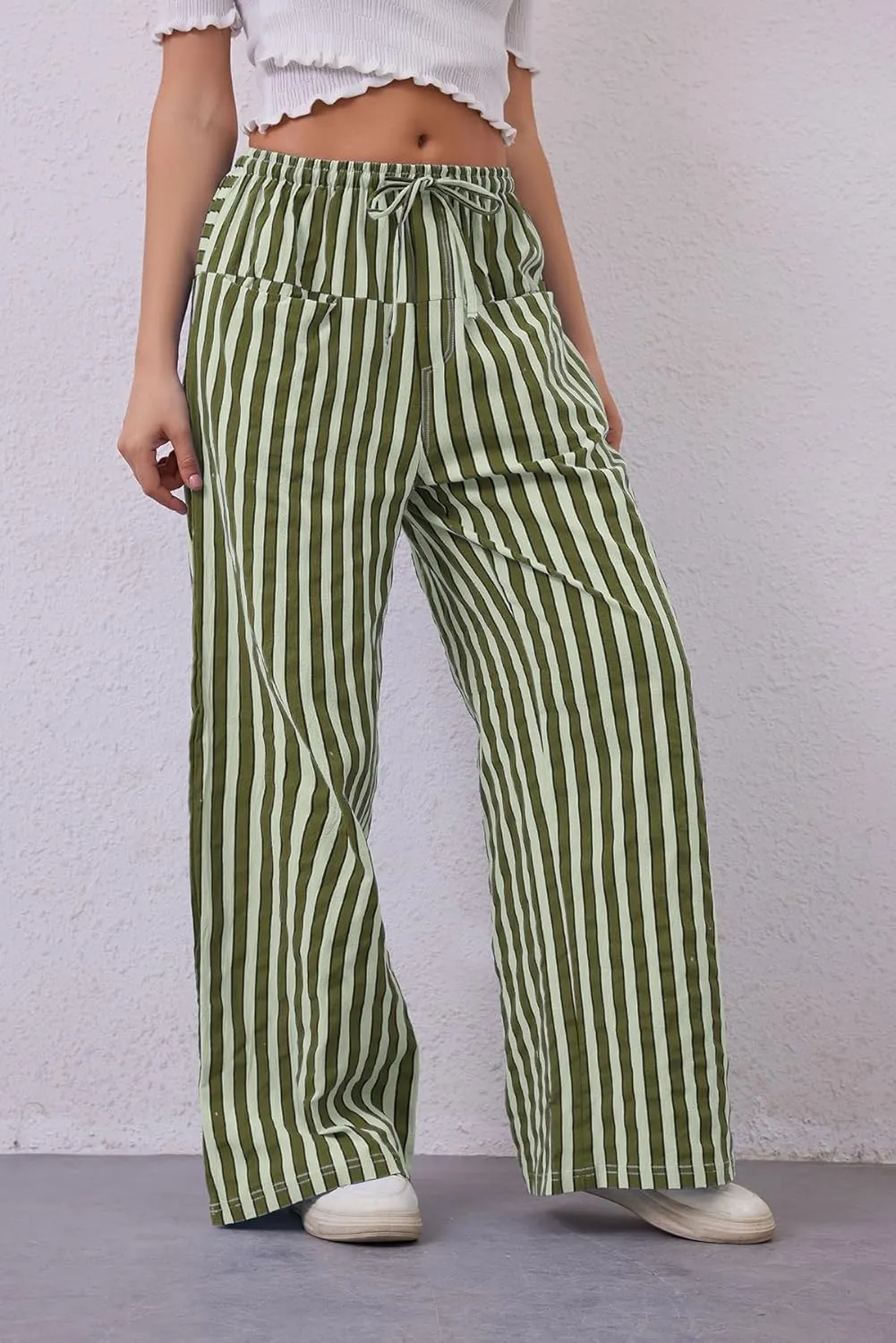 MISSACTIVER Women Drawstring Striped Pants Loose Wide Leg Trousers Casual Low Waist Pants Comfy Lounge Pants with Pockets