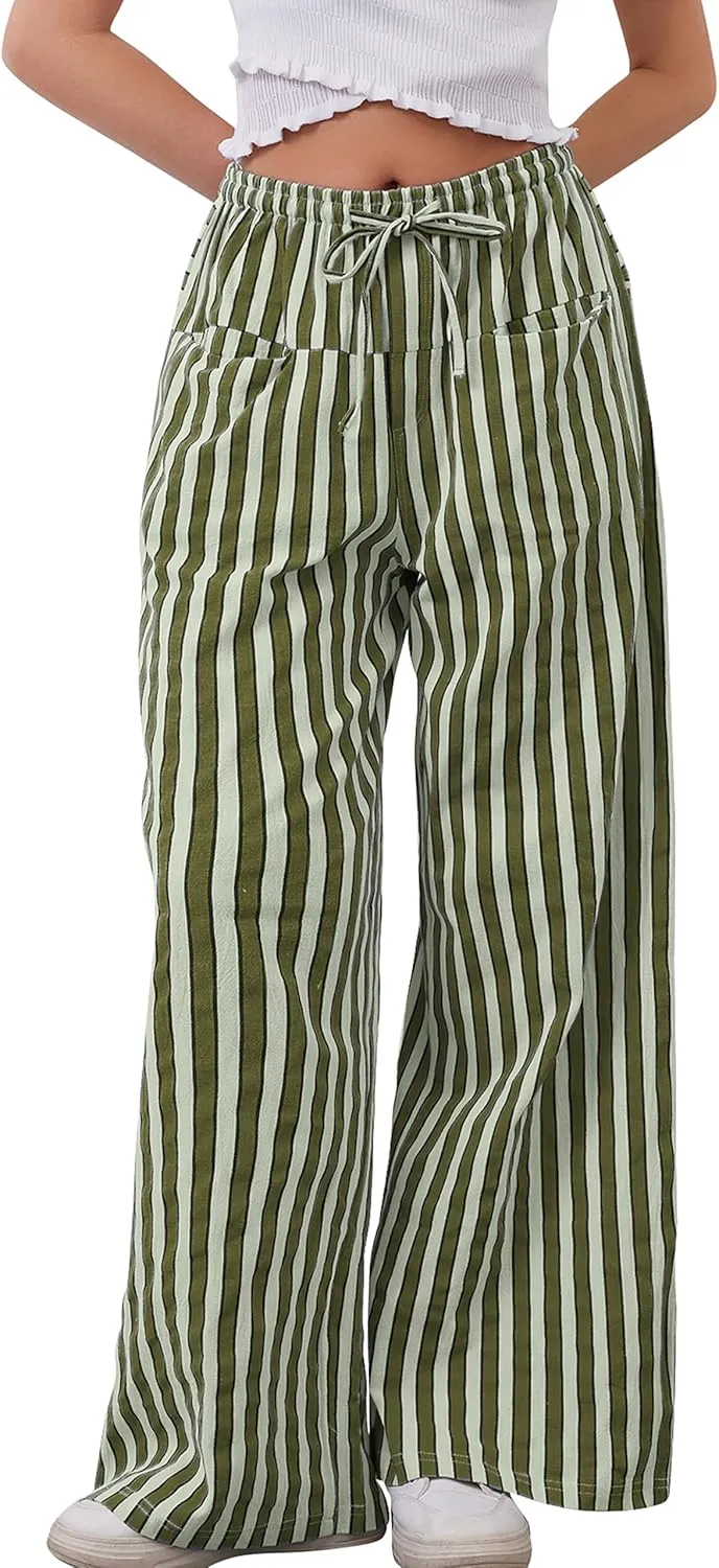 MISSACTIVER Women Drawstring Striped Pants Loose Wide Leg Trousers Casual Low Waist Pants Comfy Lounge Pants with Pockets