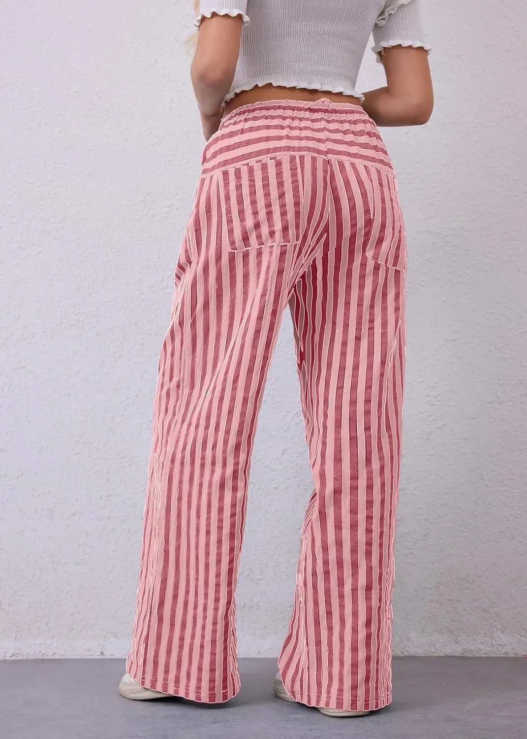 MISSACTIVER Women Drawstring Striped Pants Loose Wide Leg Trousers Casual Low Waist Pants Comfy Lounge Pants with Pockets