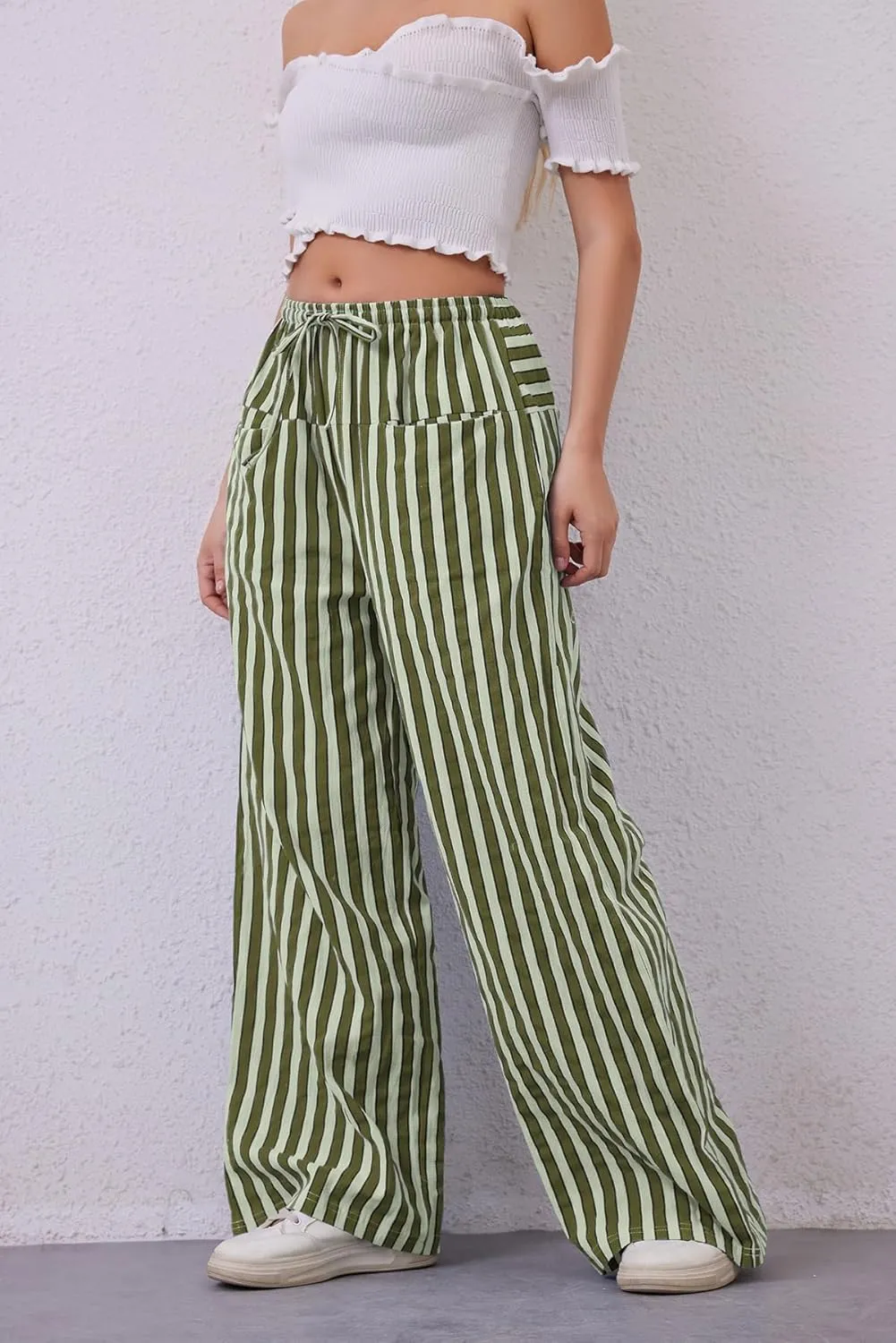 MISSACTIVER Women Drawstring Striped Pants Loose Wide Leg Trousers Casual Low Waist Pants Comfy Lounge Pants with Pockets