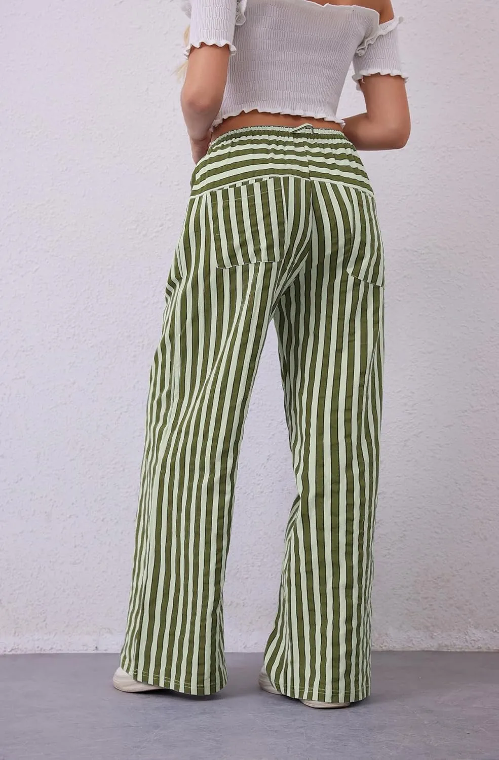 MISSACTIVER Women Drawstring Striped Pants Loose Wide Leg Trousers Casual Low Waist Pants Comfy Lounge Pants with Pockets