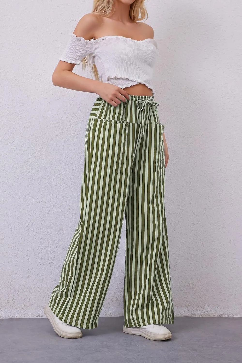 MISSACTIVER Women Drawstring Striped Pants Loose Wide Leg Trousers Casual Low Waist Pants Comfy Lounge Pants with Pockets
