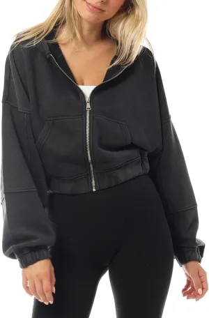 MixMatchy Women's Casual Vintage Acid Wash Zip Up Cropped Hoodies Sweatshirts Fleece Jacket