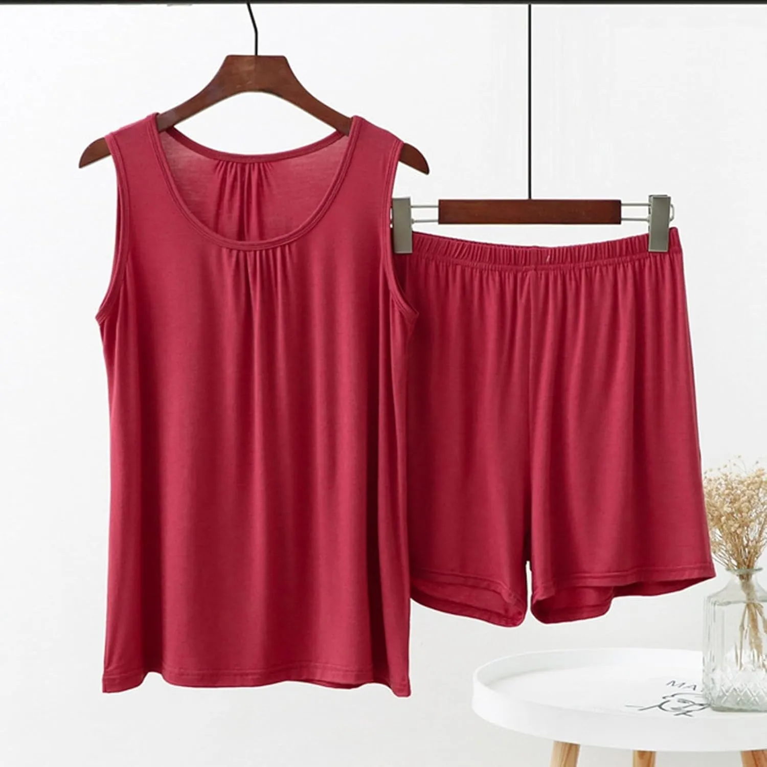 Miyaomn Pajamas Set for Women Comfortable Sleeveless Tank Top and Shorts Sets Solid Color Loose Vest Cami Soft Sleepwear 2pc