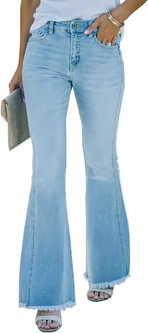 Necooer Womens Bell Bottom Jeans Classic Stretch Raw Hem Flare Denim Jeans Pants