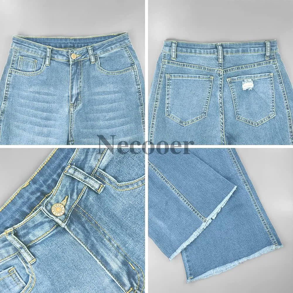 Necooer Womens Bell Bottom Jeans Classic Stretch Raw Hem Flare Denim Jeans Pants