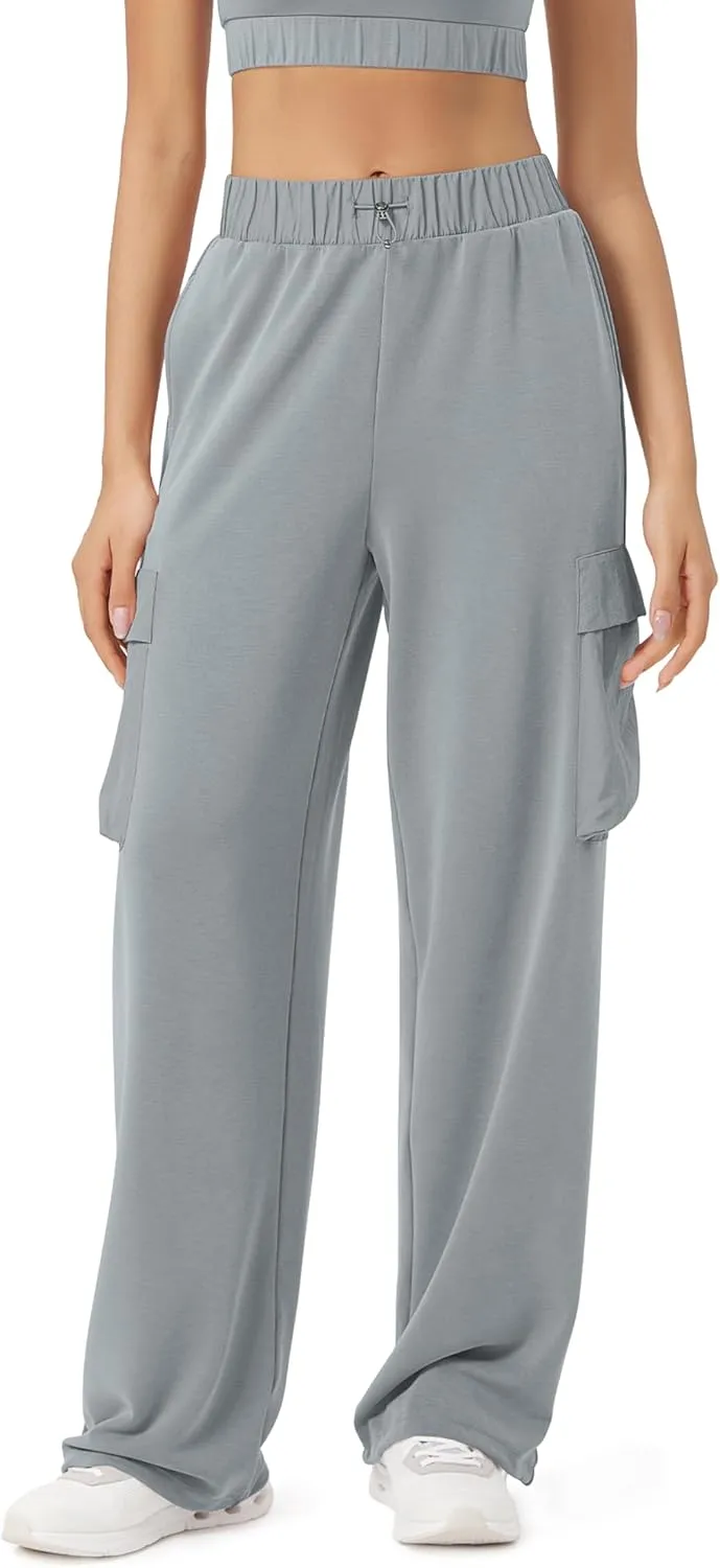 ODODOS Women's Modal Soft Wide Leg Cargo Pants with Pockets Adjustable Shockcord High Waist Loose Jogger Pants
