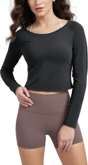 ODODOS Women's Peach-Soft Cropped Long Sleeve Tee, Wide Scoop Neck, Raglan Sleeves, Casual Yoga & Lounge Shirt