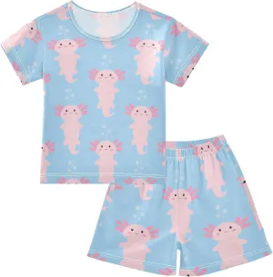 Pajama Short Sets Cute Cartoon Axolotl Soft Cotton Summer Sleepwear 2 Piece PJS Size 5-14T