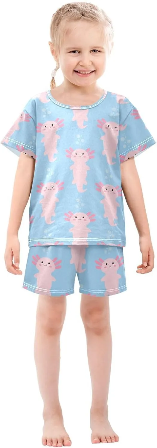Pajama Short Sets Cute Cartoon Axolotl Soft Cotton Summer Sleepwear 2 Piece PJS Size 5-14T