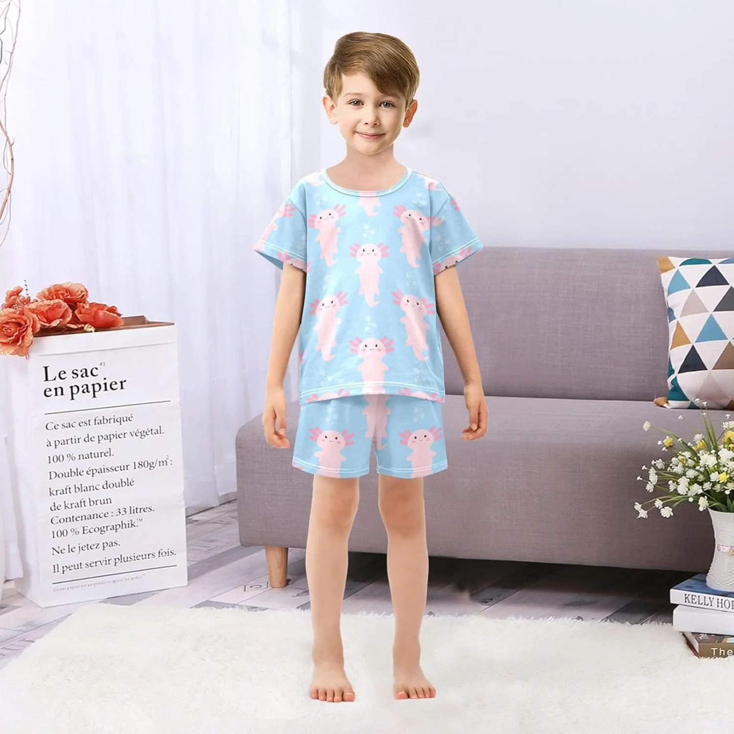 Pajama Short Sets Cute Cartoon Axolotl Soft Cotton Summer Sleepwear 2 Piece PJS Size 5-14T