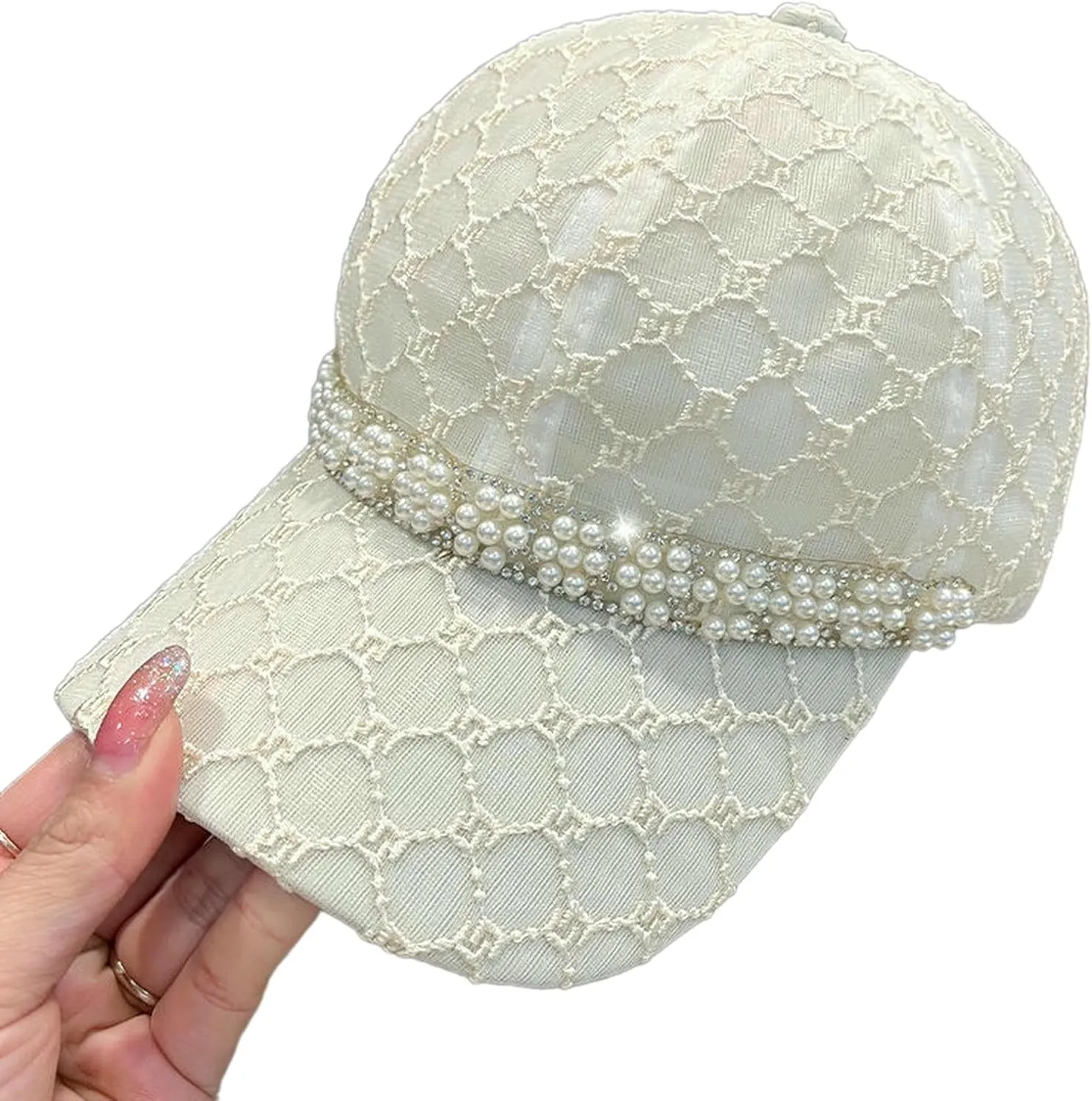 Pearl Chain Baseball Cap for Women, Fashion Elegant Casual Lightweight Mesh Adjustable Hat for Sun Protection