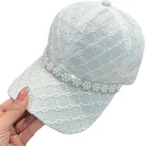 Pearl Chain Baseball Cap for Women, Fashion Elegant Casual Lightweight Mesh Adjustable Hat for Sun Protection