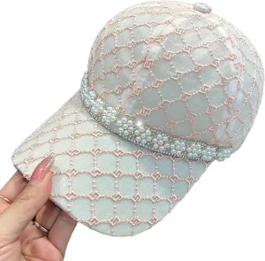 Pearl Chain Baseball Cap for Women, Fashion Elegant Casual Lightweight Mesh Adjustable Hat for Sun Protection