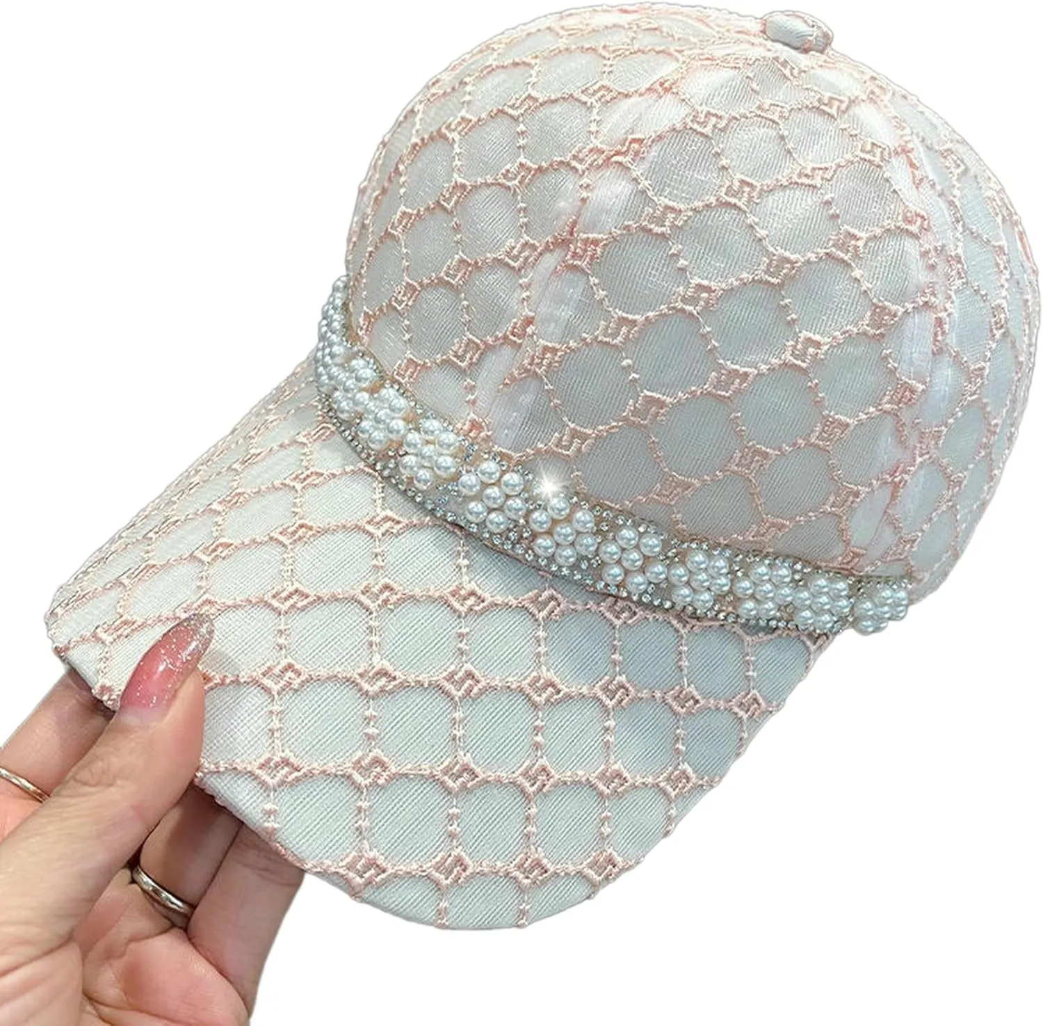 Pearl Chain Baseball Cap for Women, Fashion Elegant Casual Lightweight Mesh Adjustable Hat for Sun Protection