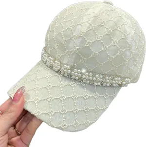 Pearl Chain Baseball Cap for Women, Fashion Elegant Casual Lightweight Mesh Adjustable Hat for Sun Protection