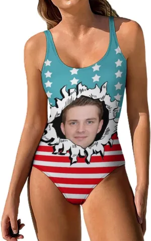 Personalized Face on Pineapple Pattern Women's Swimwear Tummy Control Scoop Neck Soft Cup One Piece Swimsuit