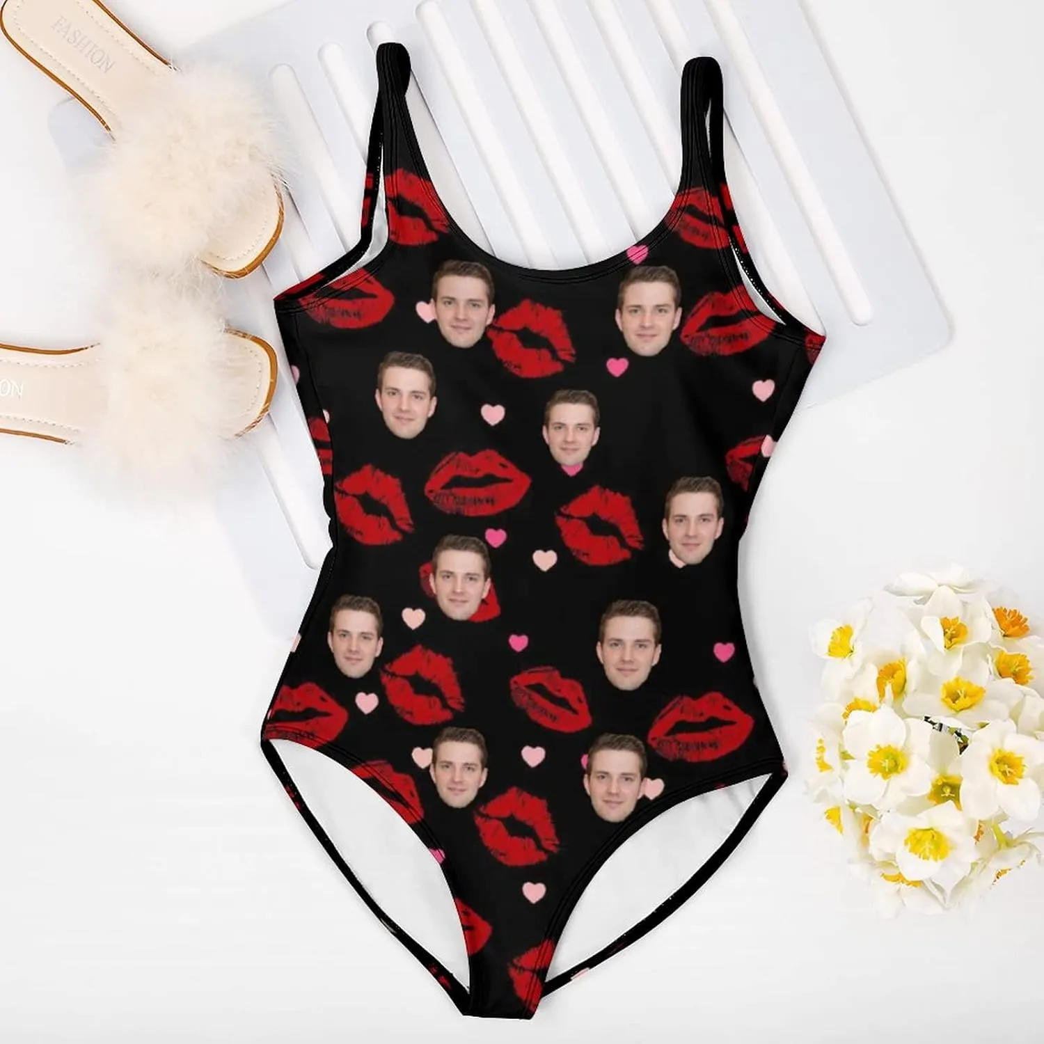 Personalized Face on Pineapple Pattern Women's Swimwear Tummy Control Scoop Neck Soft Cup One Piece Swimsuit