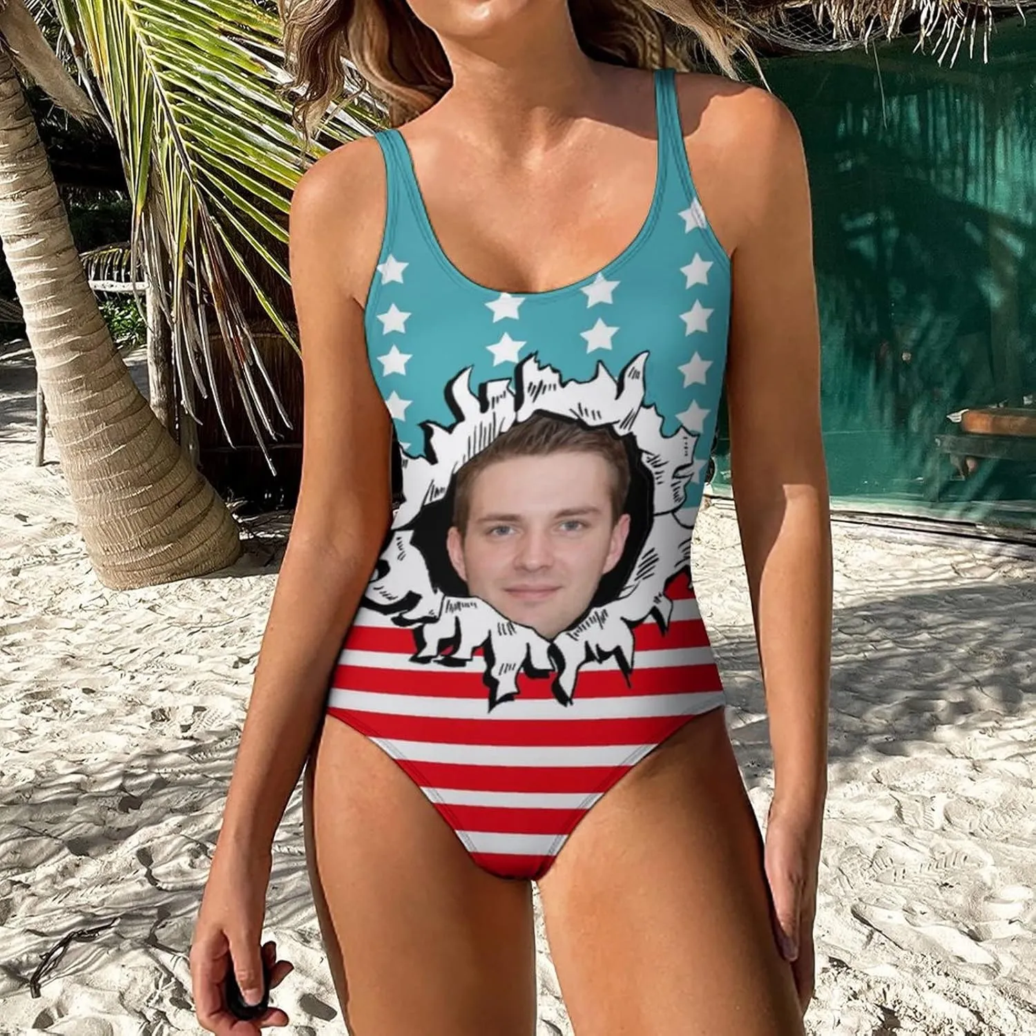 Personalized Face on Pineapple Pattern Women's Swimwear Tummy Control Scoop Neck Soft Cup One Piece Swimsuit
