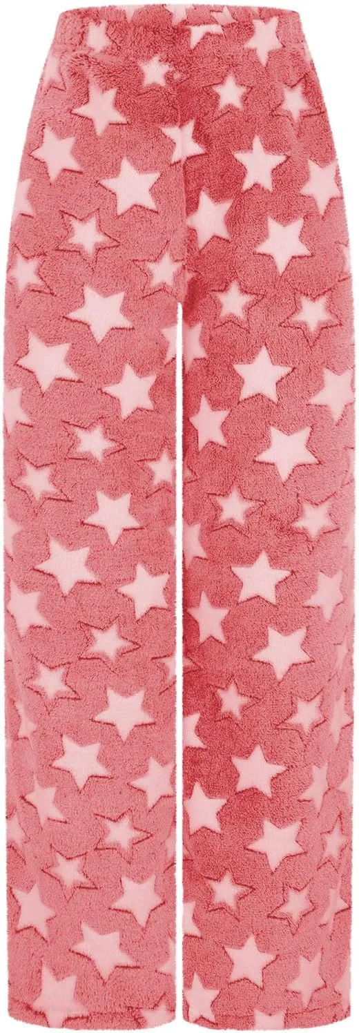 Plush Pajama Pants Women Fluffy Fleece Lounge Pants Fuzzy Warm Pj Bottoms Star Graphic Flannel Loungewear Pants