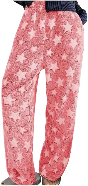 Plush Pajama Pants Women Fluffy Fleece Lounge Pants Fuzzy Warm Pj Bottoms Star Graphic Flannel Loungewear Pants